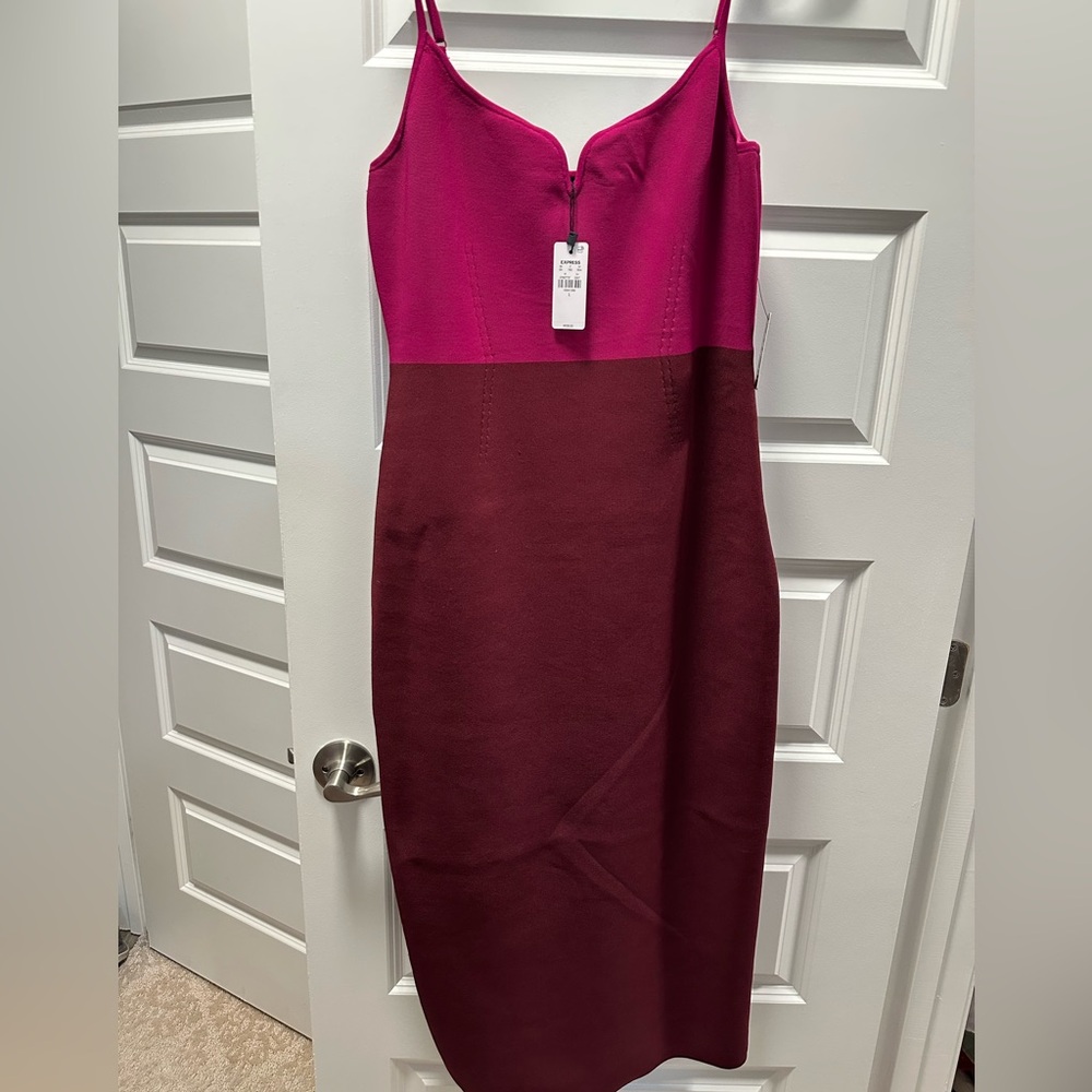 Express Two-Tone Midi Dress in Fuchsia and Burgundy